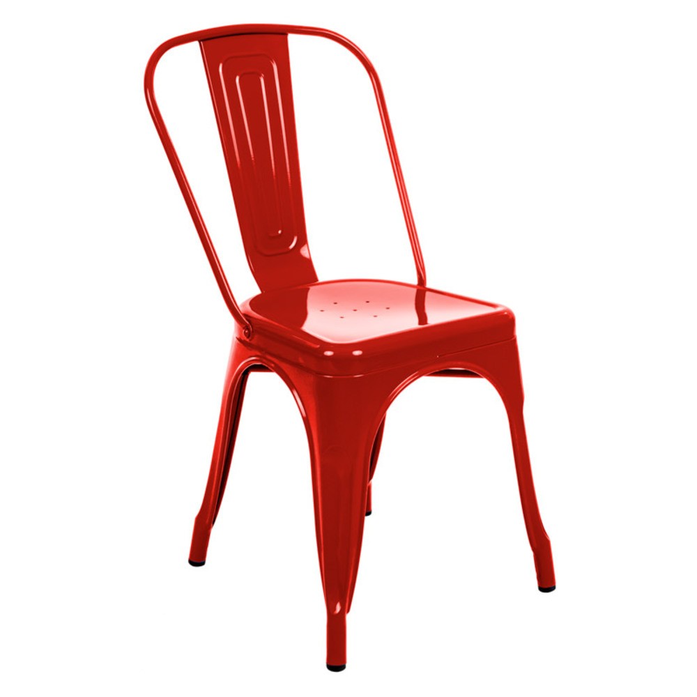 Červená kovová stolička je odolná voči meniacim sa atmosférickým podmienkam.