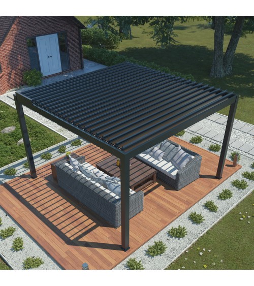 Moderná záhradná pergola s elektricky otvárateľnou strechou.