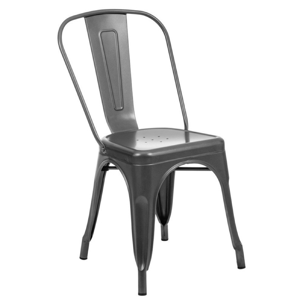 Moderná šedá kovová stolička.