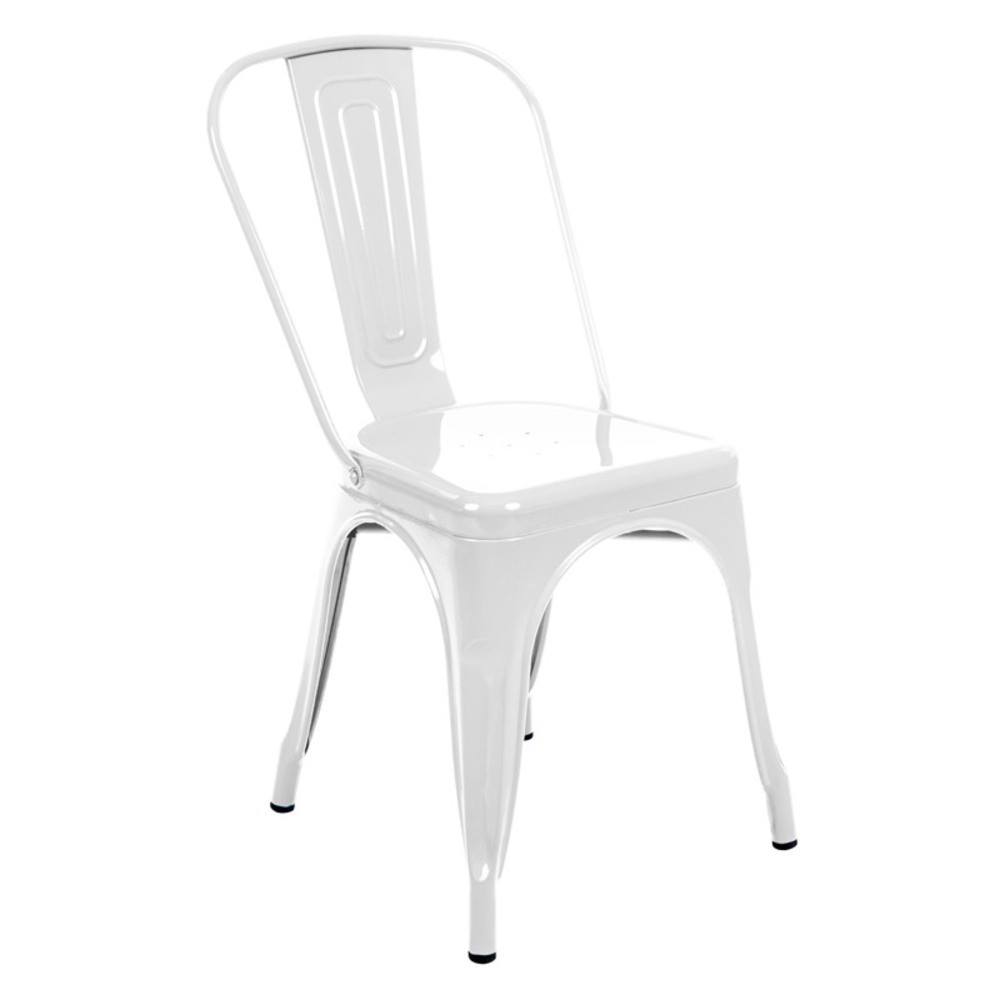 Oceľová stolička v bielej farbe - odolná na atmosférické podmienky.